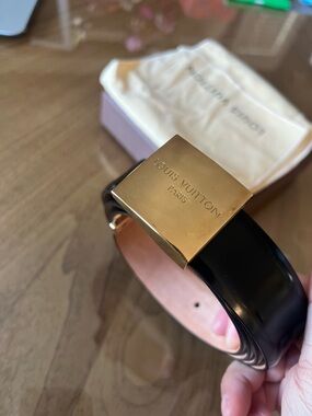 Louis Vuitton Black Leather Ceinture Carre Belt with Gold Square Buckle